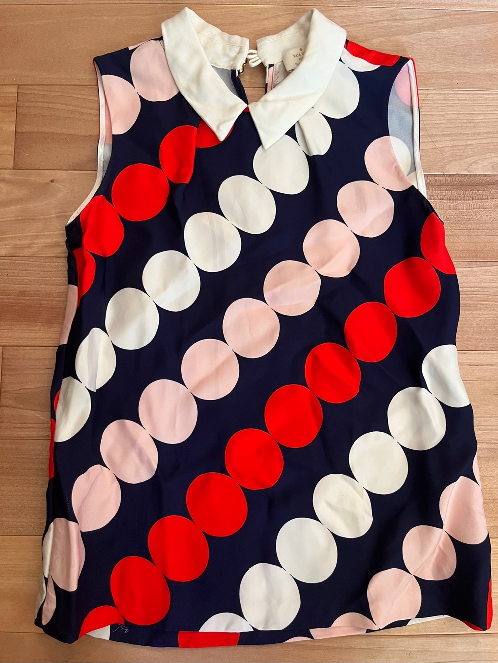 kate spade Navy Sleeveless Blouse with Red, Blush & White Polka Dot Stripes